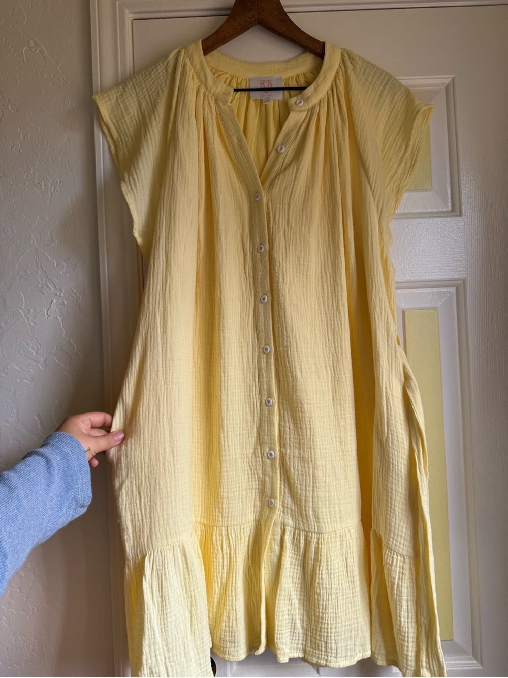 100% cotton Yellow Button-Front Midi Dress with Ruffle Hem